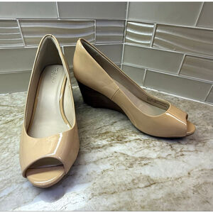Cole Haan Beige Patent Leather Peep Toe Wedge Heels 8.5